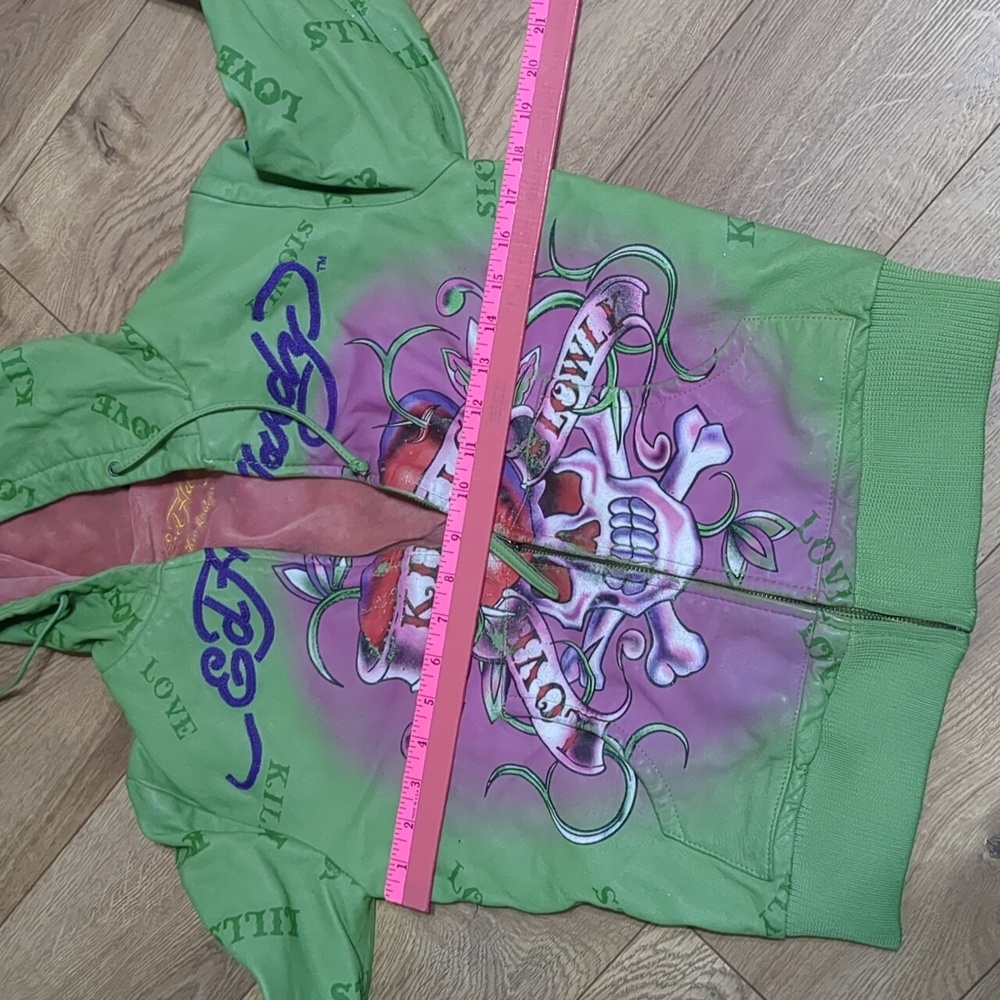 Ed Hardy by Christian Audigier Green Pink Leather Jacket hoodie Women's Medium - Picture 9 of 13